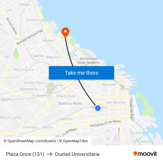 Plaza Once (151) to Ciudad Universitaria map