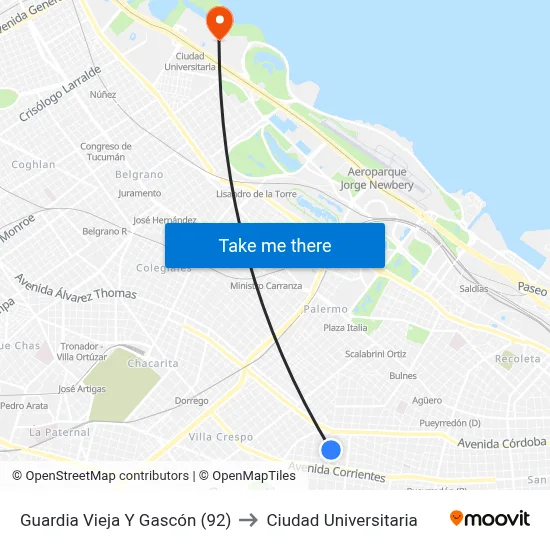 Guardia Vieja Y Gascón (92) to Ciudad Universitaria map