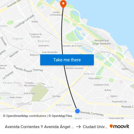 Avenida Corrientes Y Avenida Ángel Gallardo (106 - 109) to Ciudad Universitaria map