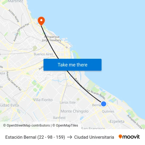 Estación Bernal (22 - 98 - 159) to Ciudad Universitaria map