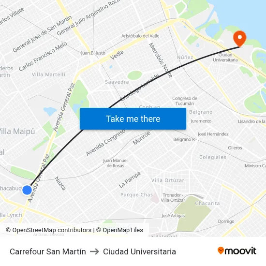 Carrefour San Martín to Ciudad Universitaria map