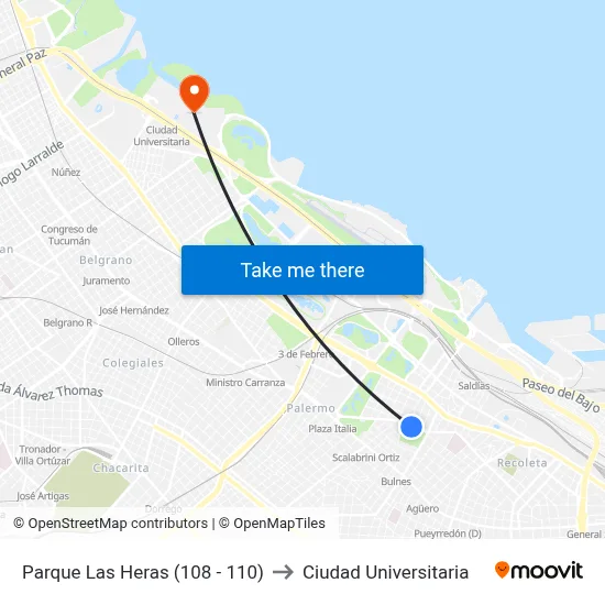 Parque Las Heras (108 - 110) to Ciudad Universitaria map