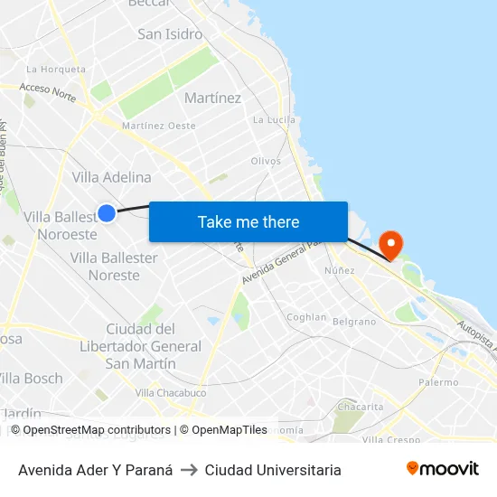 Avenida Ader Y Paraná to Ciudad Universitaria map
