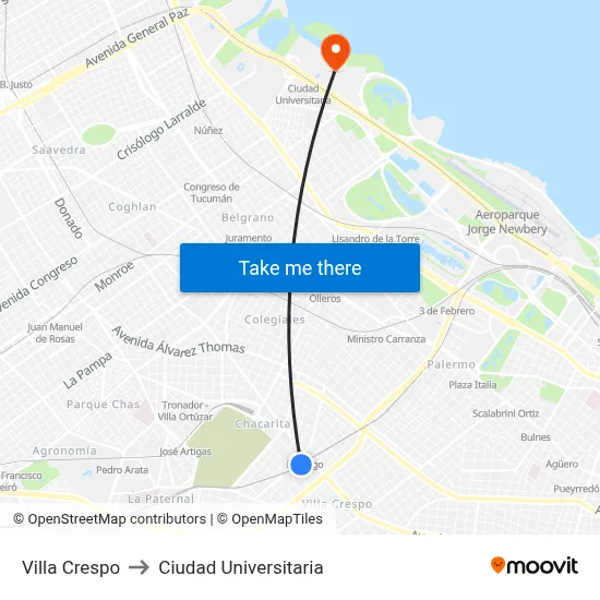 Villa Crespo to Ciudad Universitaria map