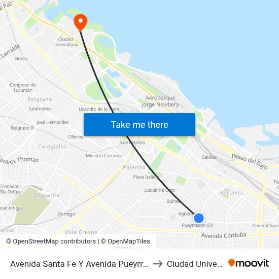 Avenida Santa Fe Y Avenida Pueyrredón (64 - 68) to Ciudad Universitaria map