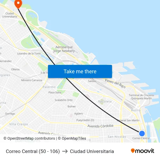 Correo Central (50 - 106) to Ciudad Universitaria map