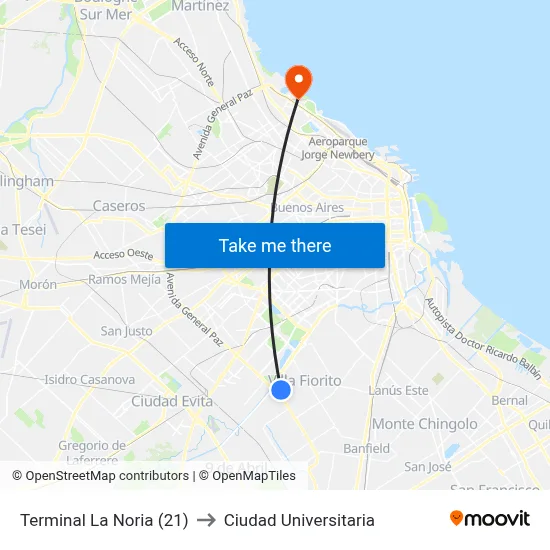 Terminal La Noria (21) to Ciudad Universitaria map