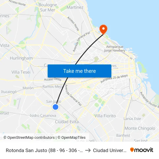 Rotonda San Justo (88 - 96 - 306 - 406 - 621) to Ciudad Universitaria map