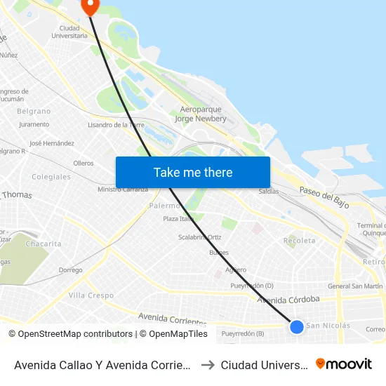 Avenida Callao Y Avenida Corrientes (50) to Ciudad Universitaria map