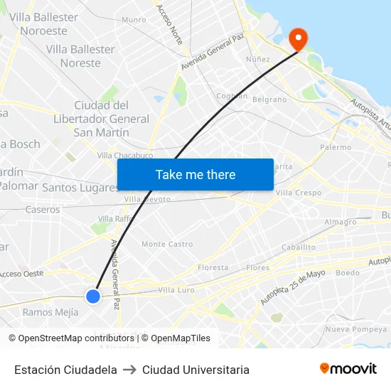 Estación Ciudadela to Ciudad Universitaria map
