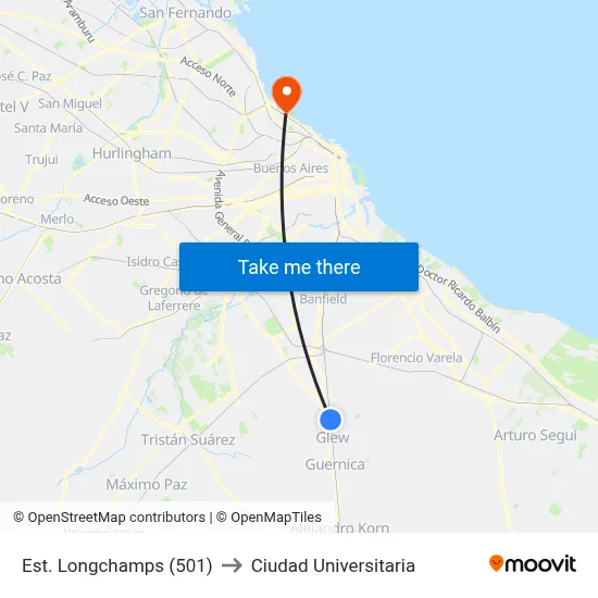 Est. Longchamps (501) to Ciudad Universitaria map
