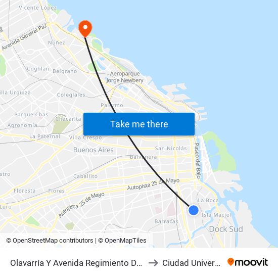 Olavarría Y Avenida Regimiento De Patricios to Ciudad Universitaria map