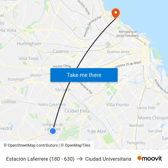 Estación Laferrere (180 - 630) to Ciudad Universitaria map