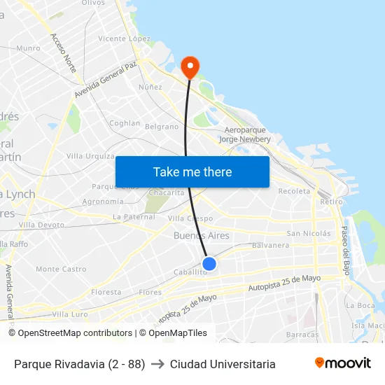 Parque Rivadavia (2 - 88) to Ciudad Universitaria map