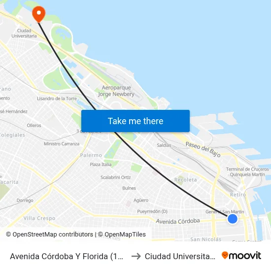 Avenida Córdoba Y Florida (140) to Ciudad Universitaria map