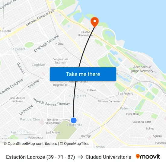 Estación Lacroze (39 - 71 - 87) to Ciudad Universitaria map