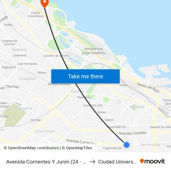 Avenida Corrientes Y Junín (24 - 26 - 146) to Ciudad Universitaria map
