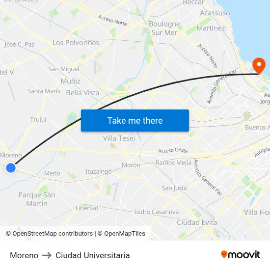 Moreno to Ciudad Universitaria map