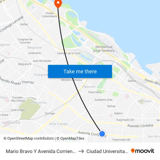 Mario Bravo Y Avenida Corrientes to Ciudad Universitaria map