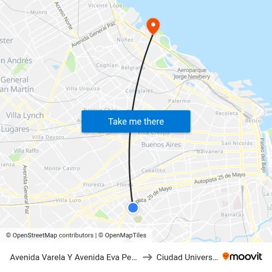 Avenida Varela Y Avenida Eva Perón (132) to Ciudad Universitaria map