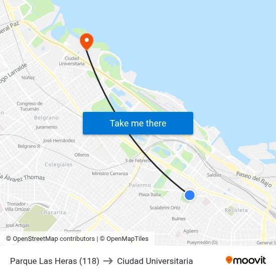 Parque Las Heras (118) to Ciudad Universitaria map