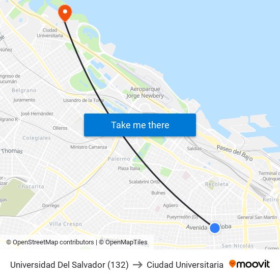 Universidad Del Salvador (132) to Ciudad Universitaria map