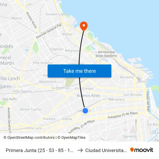 Primera Junta (25 - 53 - 85 - 132) to Ciudad Universitaria map
