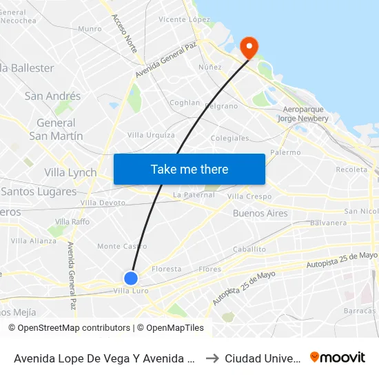 Avenida Lope De Vega Y Avenida Juan B. Justo to Ciudad Universitaria map
