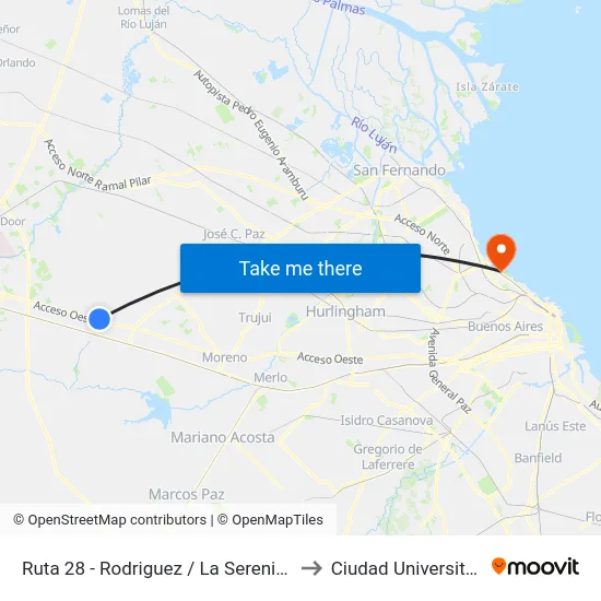 Ruta 28 - Rodriguez / La Serenisima to Ciudad Universitaria map