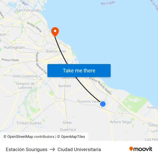 Estación Sourigues to Ciudad Universitaria map