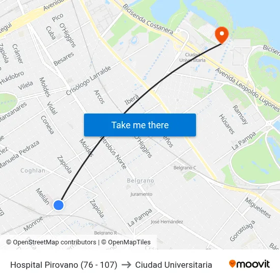 Hospital Pirovano (76 - 107) to Ciudad Universitaria map