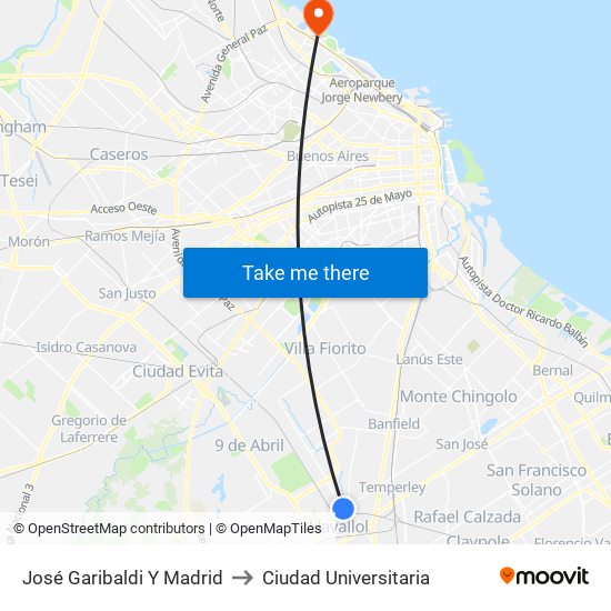 José Garibaldi Y Madrid to Ciudad Universitaria map