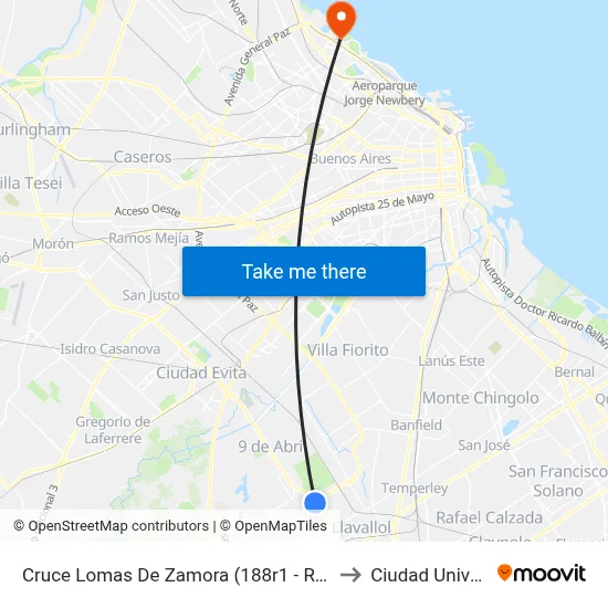 Cruce Lomas De Zamora (188r1 - R2 - R3 - 421 - 501) to Ciudad Universitaria map