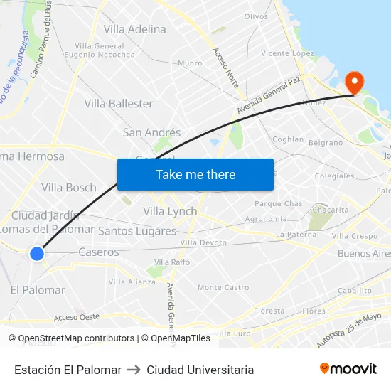 Estación El Palomar to Ciudad Universitaria map