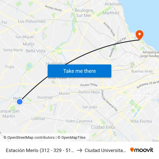 Estación Merlo (312 - 329 - 512) to Ciudad Universitaria map