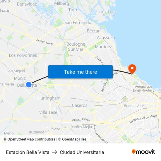 Estación Bella Vista to Ciudad Universitaria map