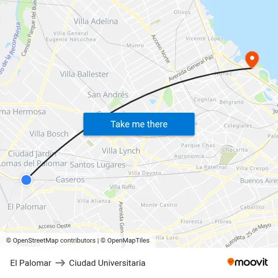 El Palomar to Ciudad Universitaria map