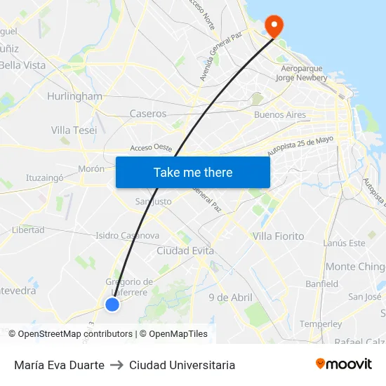 María Eva Duarte to Ciudad Universitaria map