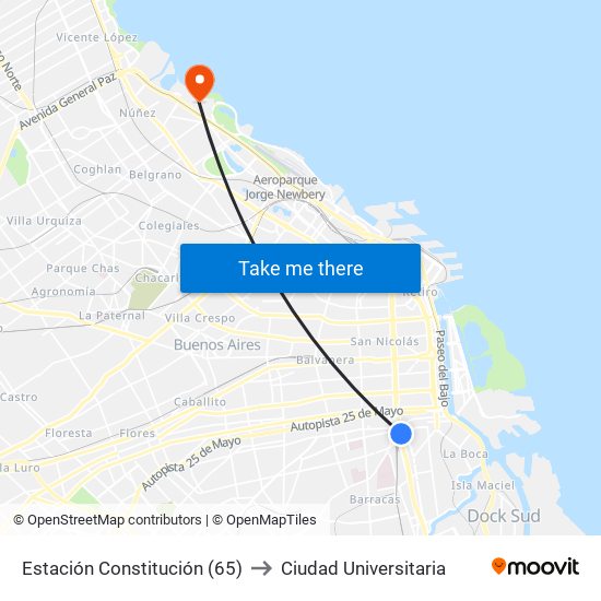 Estación Constitución (65) to Ciudad Universitaria map