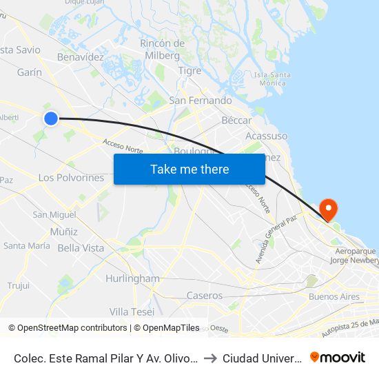 Colec. Este Ramal Pilar Y Av. Olivos - Car One to Ciudad Universitaria map