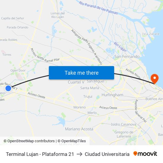 Terminal Lujan - Plataforma 21 to Ciudad Universitaria map