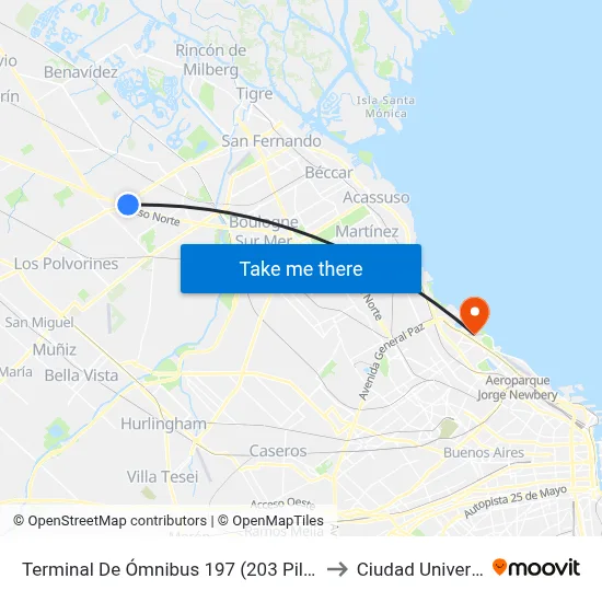 Terminal De Ómnibus 197 (203 Pilar - Del Viso) to Ciudad Universitaria map
