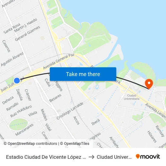 Estadio Ciudad De Vicente López (Platense) to Ciudad Universitaria map