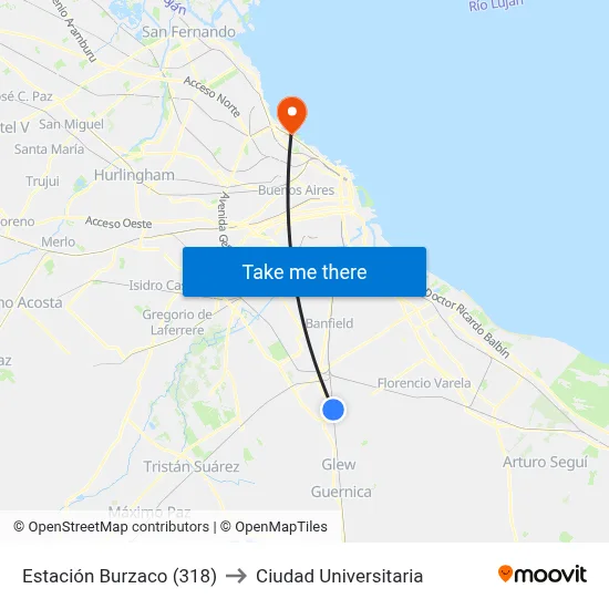 Estación Burzaco (318) to Ciudad Universitaria map