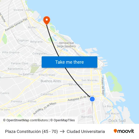 Plaza Constitución (45 - 70) to Ciudad Universitaria map