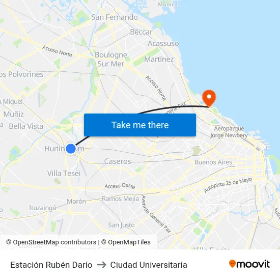 Estación Rubén Darío to Ciudad Universitaria map