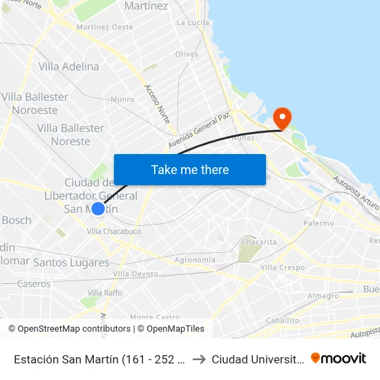 Estación San Martín (161 - 252 - 343) to Ciudad Universitaria map