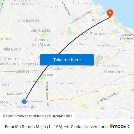 Estación Ramos Mejía (1 - 166) to Ciudad Universitaria map