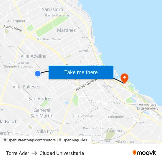 Torre Ader to Ciudad Universitaria map
