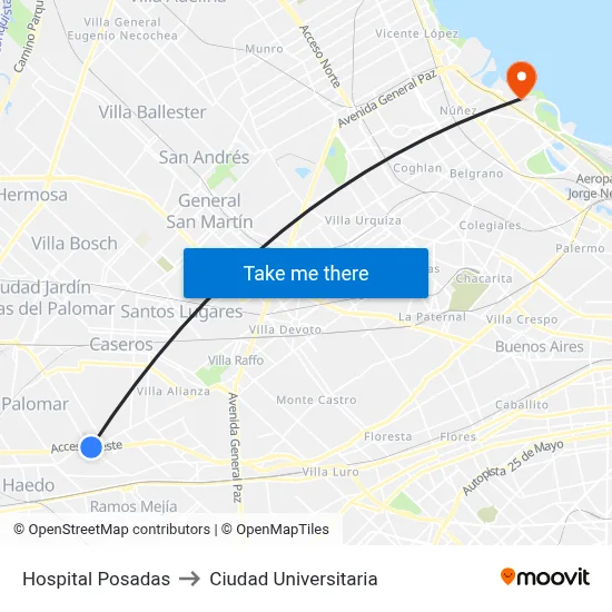Hospital Posadas to Ciudad Universitaria map